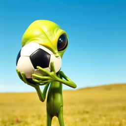 An alien holding a soccer ball, featuring a unique extraterrestrial design with green skin, large black eyes, and a slender body