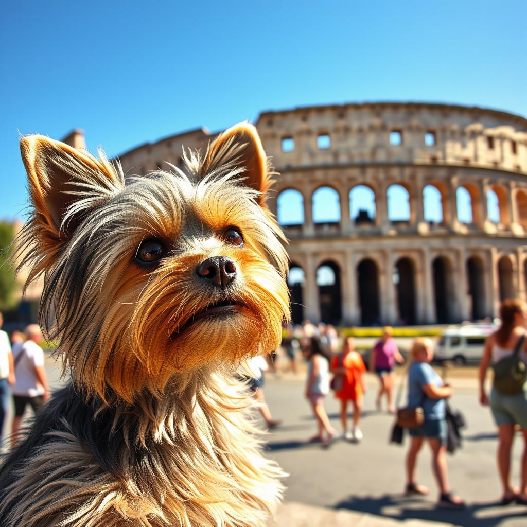 A Yorkshire Terrier gazing curiously at the majestic Colosseum in Rome