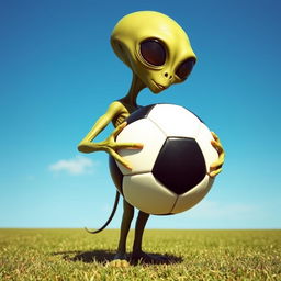 An alien holding a soccer ball, featuring a unique extraterrestrial design with green skin, large black eyes, and a slender body