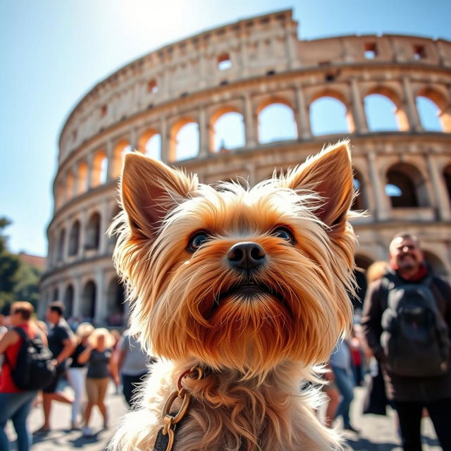 A Yorkshire Terrier gazing curiously at the majestic Colosseum in Rome