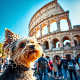 A Yorkshire Terrier gazing curiously at the majestic Colosseum in Rome