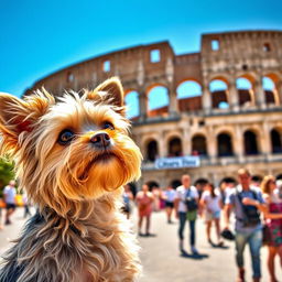 A Yorkshire Terrier gazing curiously at the majestic Colosseum in Rome