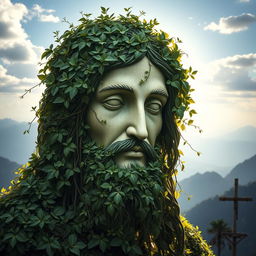 A mystical portrait of Christ's face carved entirely out of lush mountain vegetation