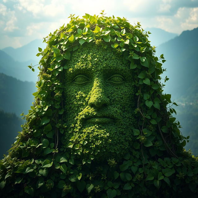 A mystical portrait of Christ's face carved entirely out of lush mountain vegetation