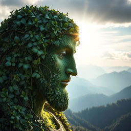 A mystical portrait of Christ's face carved entirely out of lush mountain vegetation