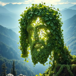 A mystical portrait of Christ's face carved entirely out of lush mountain vegetation