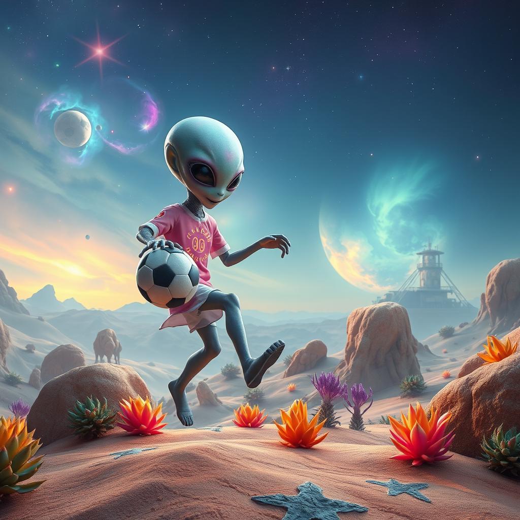 A whimsical extraterrestrial playing with a soccer ball in an alien landscape