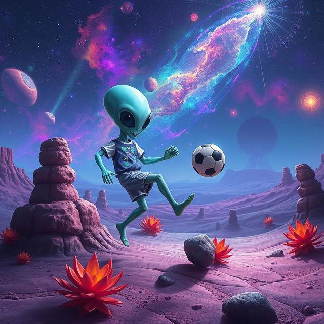 A whimsical extraterrestrial playing with a soccer ball in an alien landscape