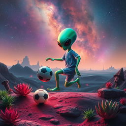 A whimsical extraterrestrial playing with a soccer ball in an alien landscape