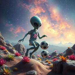 A whimsical extraterrestrial playing with a soccer ball in an alien landscape