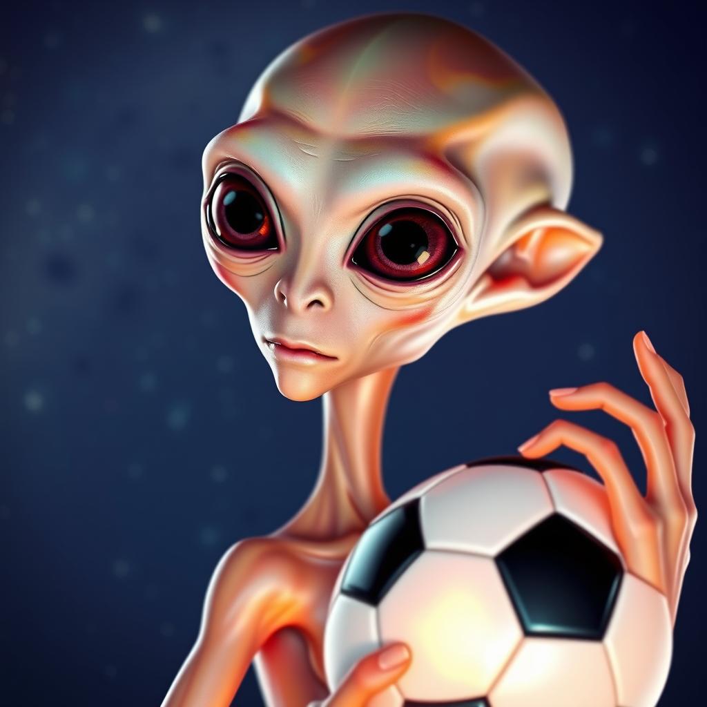 An extraterrestrial being holding a soccer ball in its hand, showcasing an otherworldly yet intriguing appearance