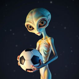 An extraterrestrial being holding a soccer ball in its hand, showcasing an otherworldly yet intriguing appearance