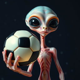 An extraterrestrial being holding a soccer ball in its hand, showcasing an otherworldly yet intriguing appearance