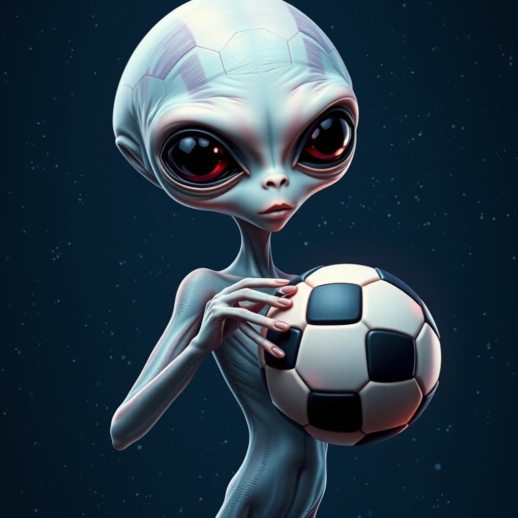 An extraterrestrial being holding a soccer ball in its hand, showcasing an otherworldly yet intriguing appearance