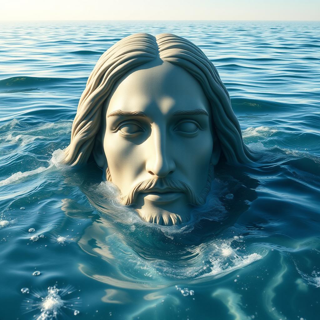 A mesmerizing portrait of Christ's face emerging from the ocean waves