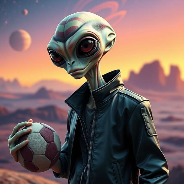 An extraterrestrial wearing a stylish jacket, holding a football in one hand