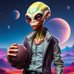 An extraterrestrial wearing a stylish jacket, holding a football in one hand