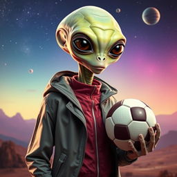 An extraterrestrial wearing a stylish jacket, holding a football in one hand