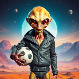 An extraterrestrial wearing a stylish jacket, holding a football in one hand