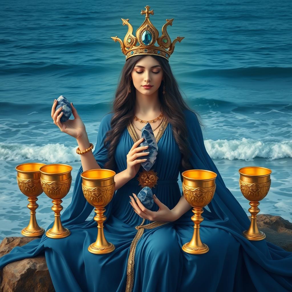 A serene goddess of love adorned in a blue flowing dress, symbolizing depth and tranquility