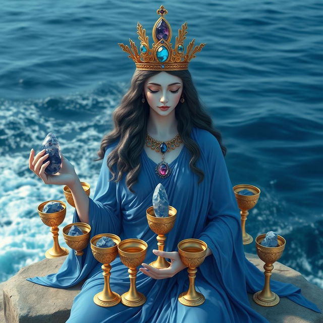 A serene goddess of love adorned in a blue flowing dress, symbolizing depth and tranquility