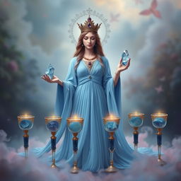 A serene goddess of love in a blue flowing dress, embodying tranquility and grace