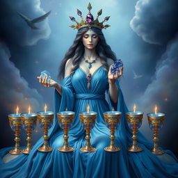 A serene goddess of love in a blue flowing dress, embodying tranquility and grace