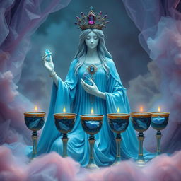 A serene goddess of love in a blue flowing dress, embodying tranquility and grace