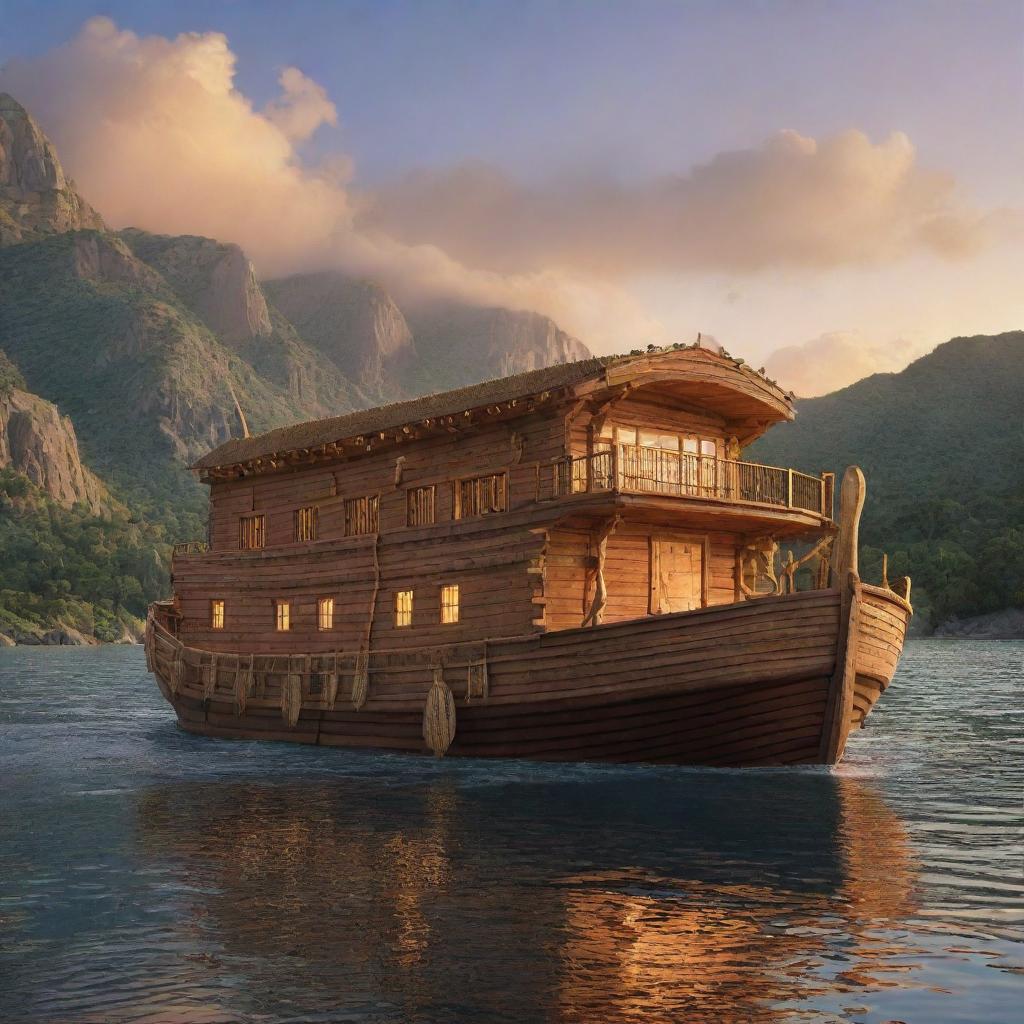 Modify the scene of Noah's Ark to emphasize more of its boat-like structure. Enrich details on the boat's anatomy including stern, bow, deck, and hull, still with a majestic sunset illuminating a pristine wilderness in the background.