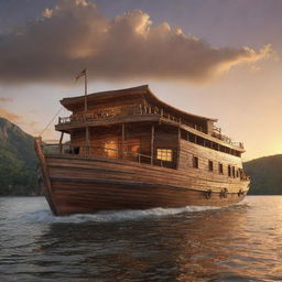 Modify the scene of Noah's Ark to emphasize more of its boat-like structure. Enrich details on the boat's anatomy including stern, bow, deck, and hull, still with a majestic sunset illuminating a pristine wilderness in the background.