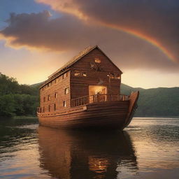 Modify the scene of Noah's Ark to emphasize more of its boat-like structure. Enrich details on the boat's anatomy including stern, bow, deck, and hull, still with a majestic sunset illuminating a pristine wilderness in the background.