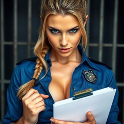 extreme close-up of a gorgeous female police officer with a blond ponytail