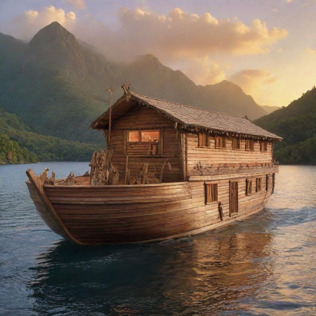 Modify the scene of Noah's Ark to emphasize more of its boat-like structure. Enrich details on the boat's anatomy including stern, bow, deck, and hull, still with a majestic sunset illuminating a pristine wilderness in the background.