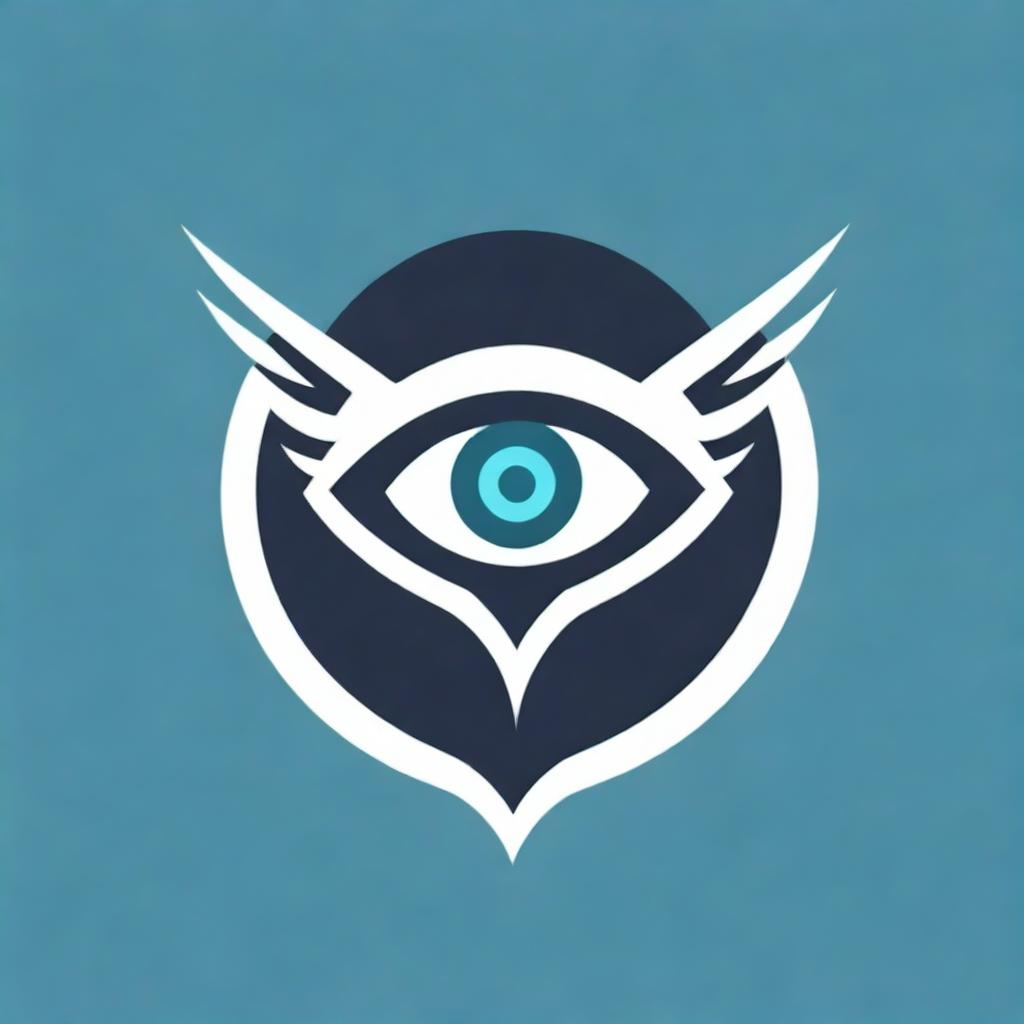 A logo inspired by the Vex Harpy clan from the video game Destiny, displaying elements of futuristic and robotic design with a brightly-lit cybernetic eye as the focal point.