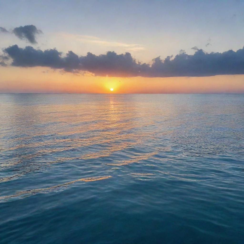 A serene sunset over a peaceful and calm blue sea