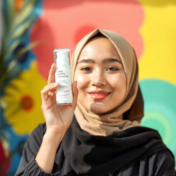 A young woman wearing a beige hijab, confidently holding up a skincare product, set against a vibrant and colorful background with natural lighting