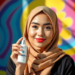 A young woman wearing a beige hijab, confidently holding up a skincare product, set against a vibrant and colorful background with natural lighting