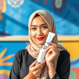 A young woman wearing a beige hijab, confidently holding up a skincare product, set against a vibrant and colorful background with natural lighting