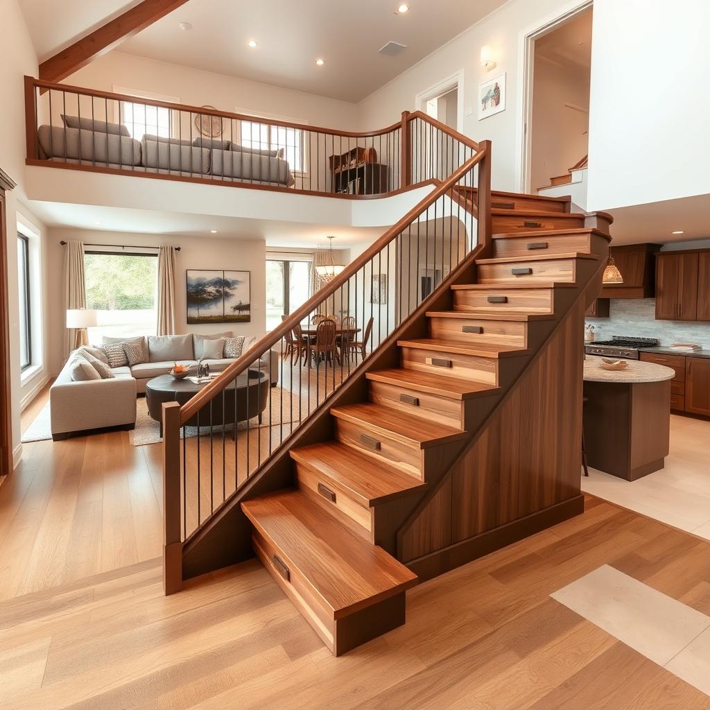 A split-level house interior with a cozy upper-level living room featuring plush sofas