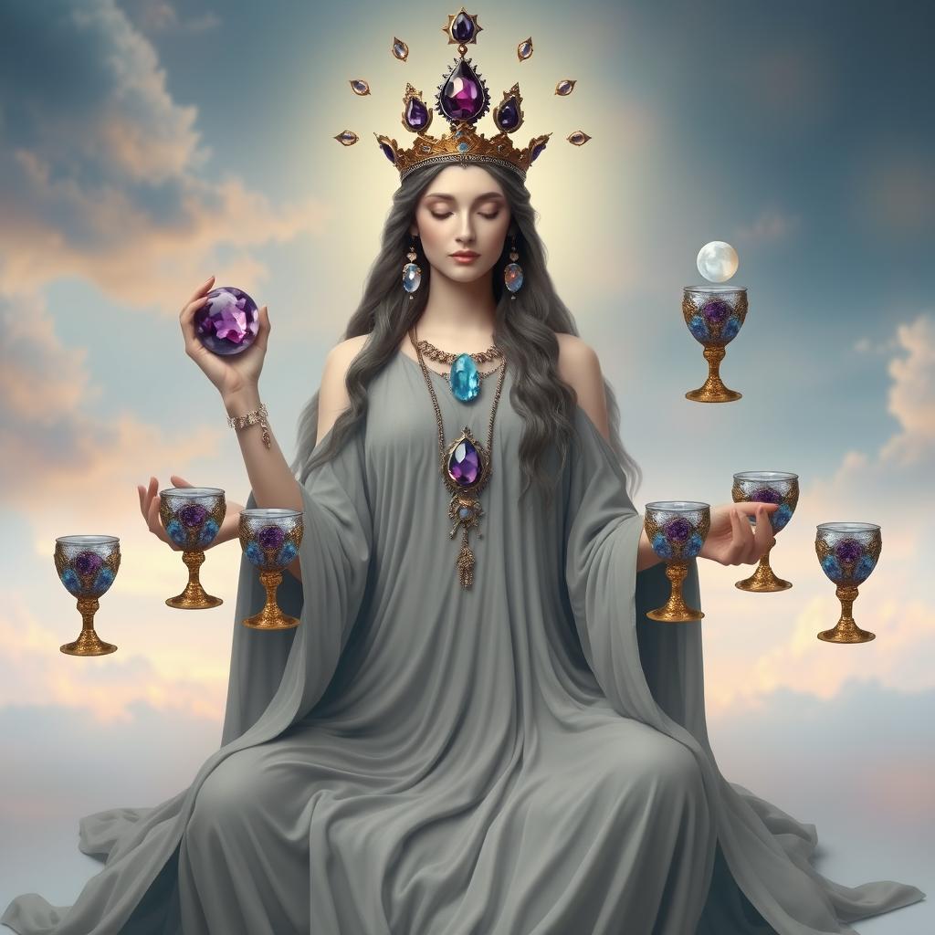 A tranquil goddess of harmony wearing a grey flowing dress, exuding peace and balance