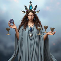 A tranquil goddess of harmony wearing a grey flowing dress, exuding peace and balance