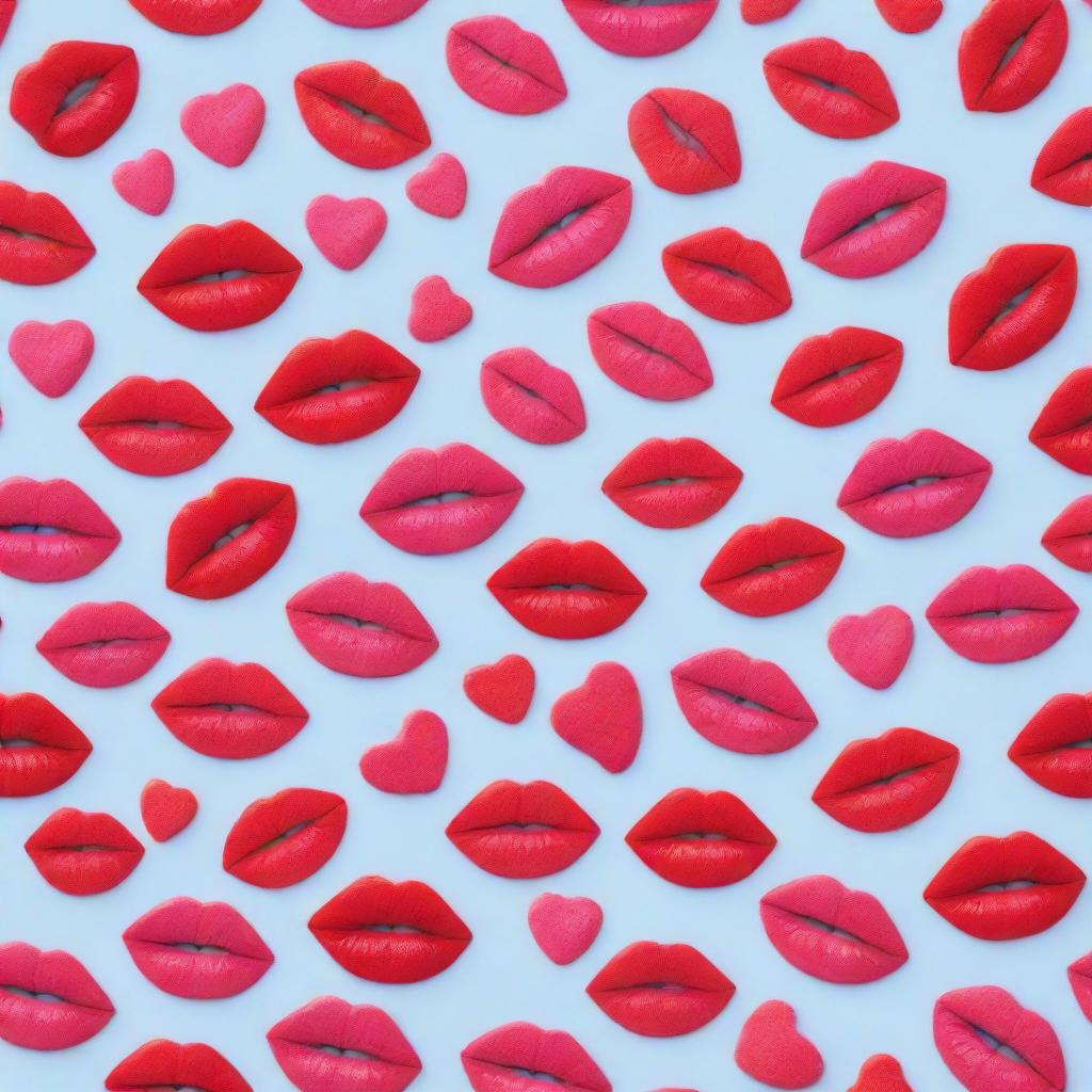 A pattern showing a playful combination of pink lipstick kisses and red hearts