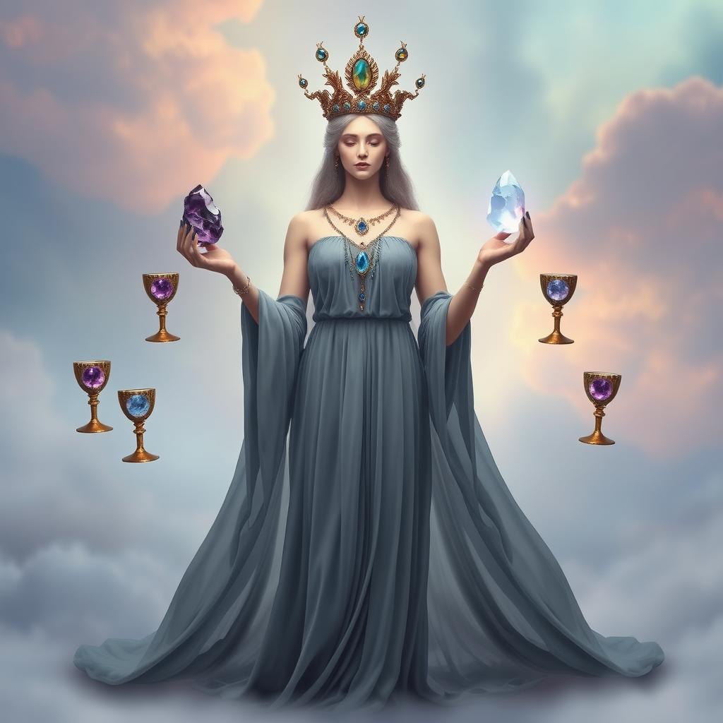 A tranquil goddess of harmony wearing a grey flowing dress, exuding peace and balance