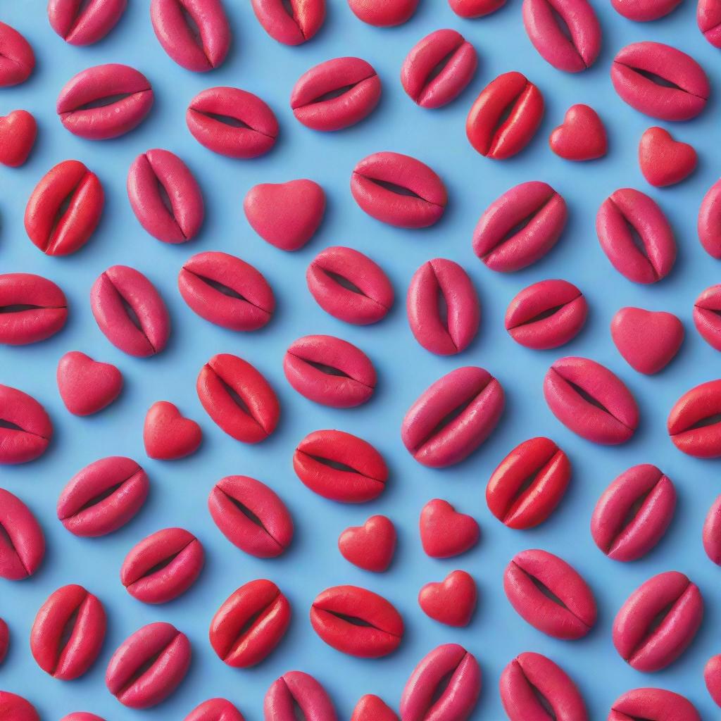 A pattern showing a playful combination of pink lipstick kisses and red hearts