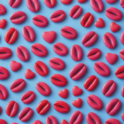 A pattern showing a playful combination of pink lipstick kisses and red hearts