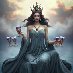 A tranquil goddess of harmony wearing a grey flowing dress, exuding peace and balance