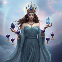 A tranquil goddess of harmony wearing a grey flowing dress, exuding peace and balance