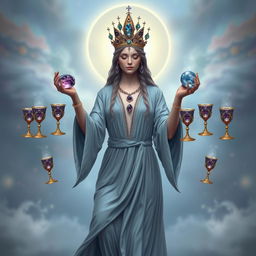 A tranquil goddess of harmony wearing a grey flowing dress, exuding peace and balance