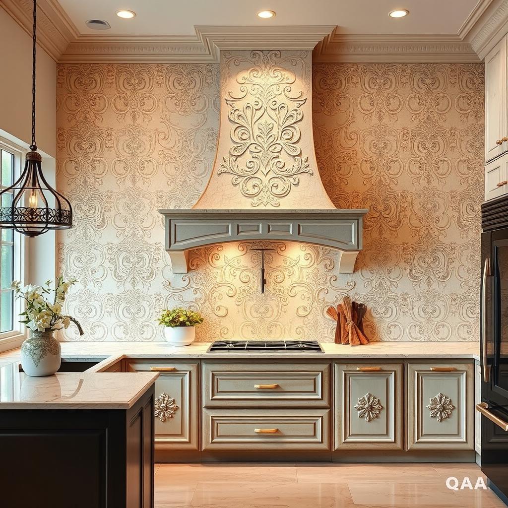 A beautifully decorated kitchen wall entirely covered with intricate decorative plaster