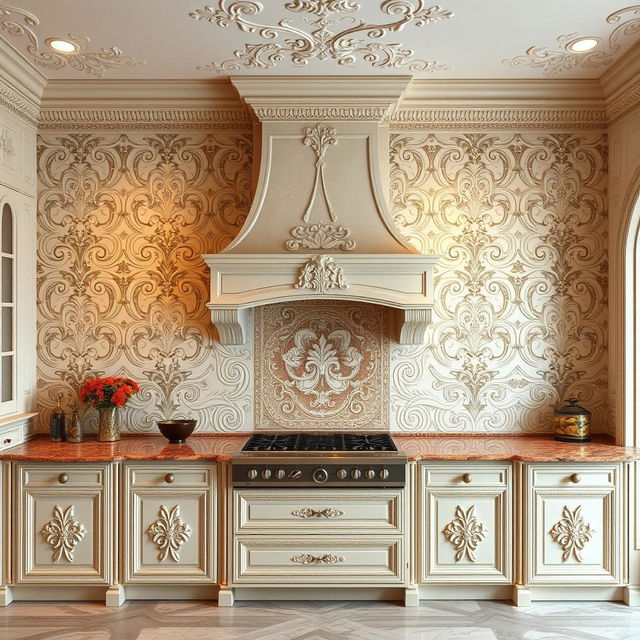 A beautifully decorated kitchen wall entirely covered with intricate decorative plaster